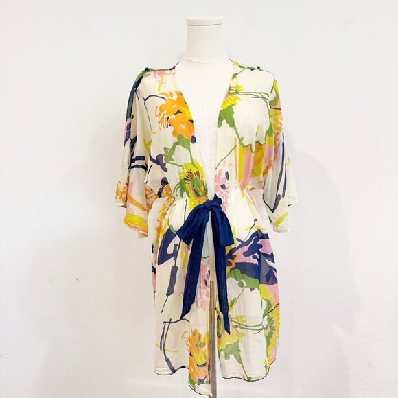 Lilka Silk Cotton Tie Front Bohemian Floral Kimono Coverup Anthropologie Medium - Picture 1 of 10